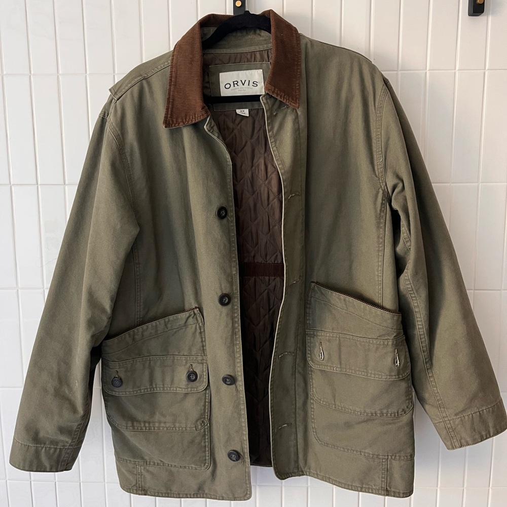 Orvis Quilted Field Barn Jacket Olive Green Corduroy Collar Men’s M